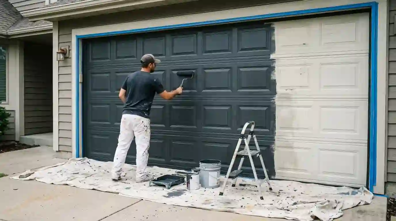 Painter rolling charcoal paint onto a steel garage door