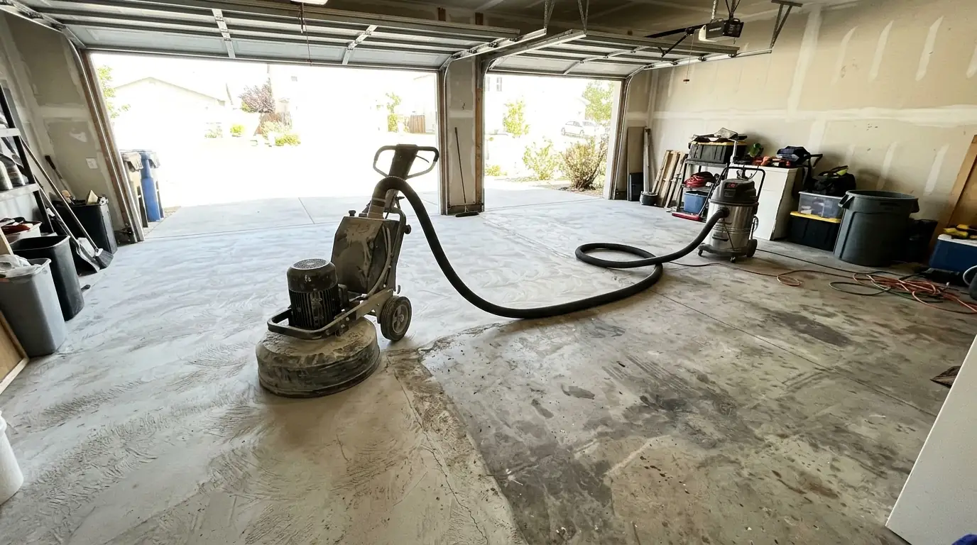 Diamond grinder preparing a garage slab for coating