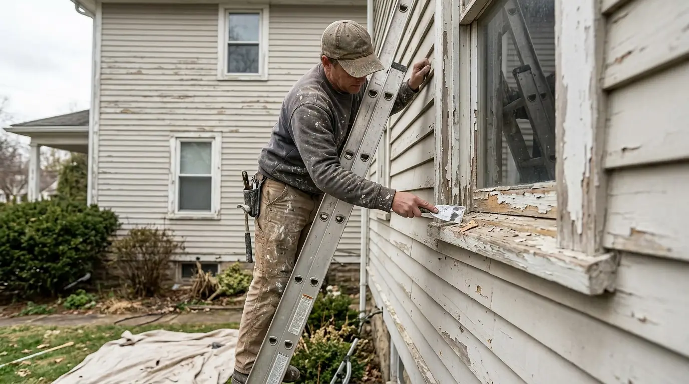 Scraping loose paint from a window sill before priming