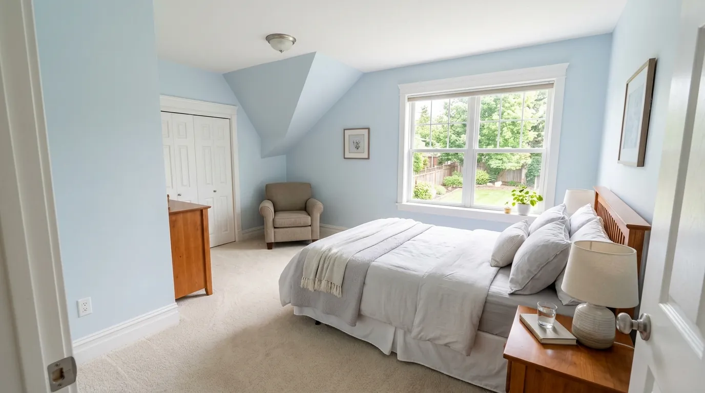 Freshly painted pale blue bedroom with white trim