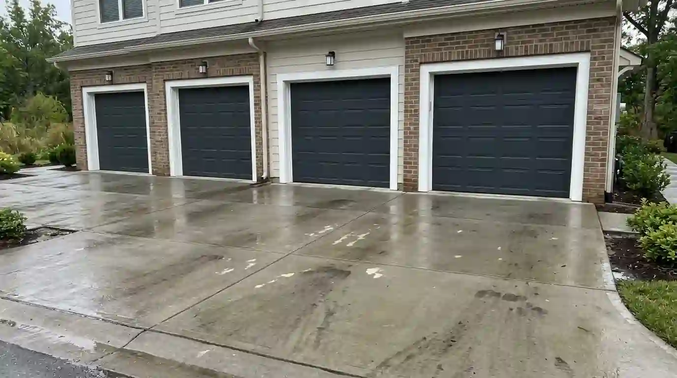 Matching garage doors newly painted along a townhome row