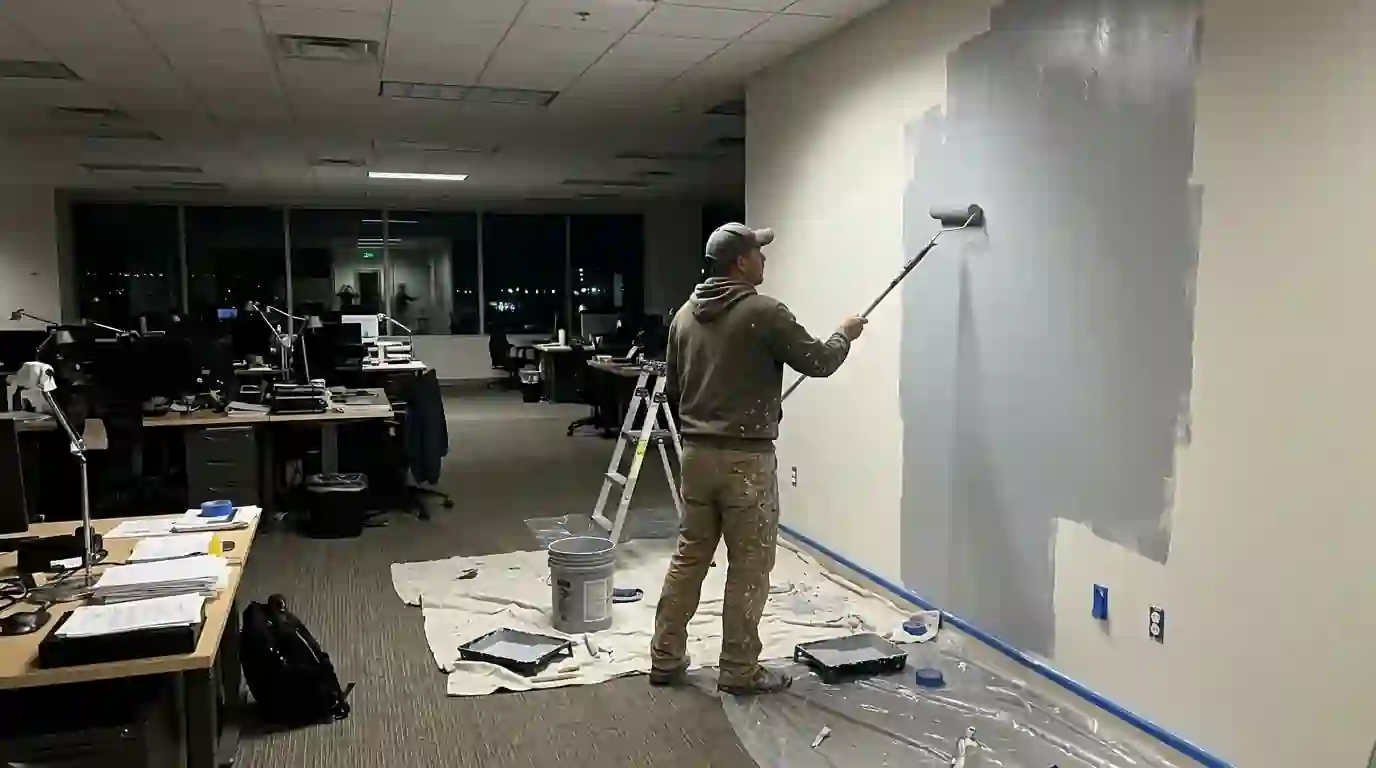 Painter rolling an office wall after hours