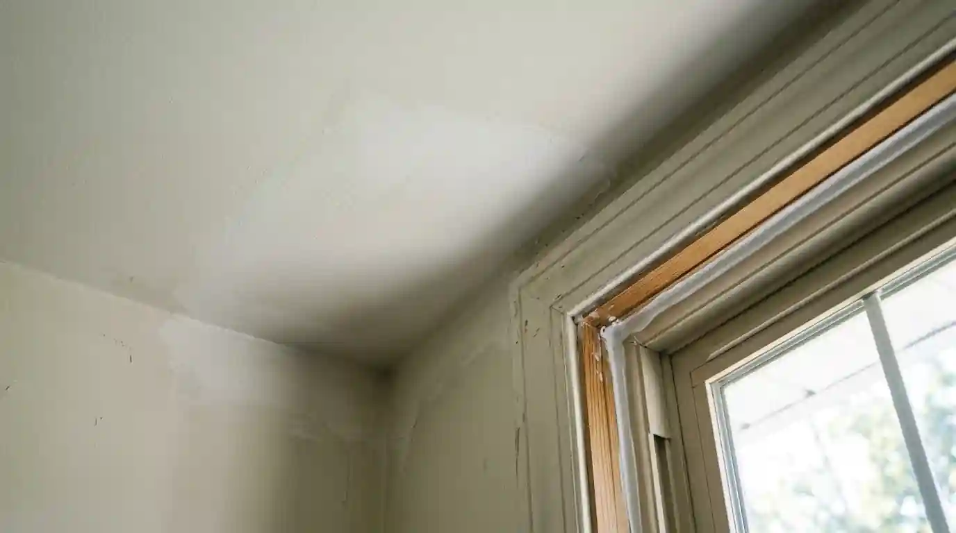 Ceiling stain sealed and repainted next to recaulked trim