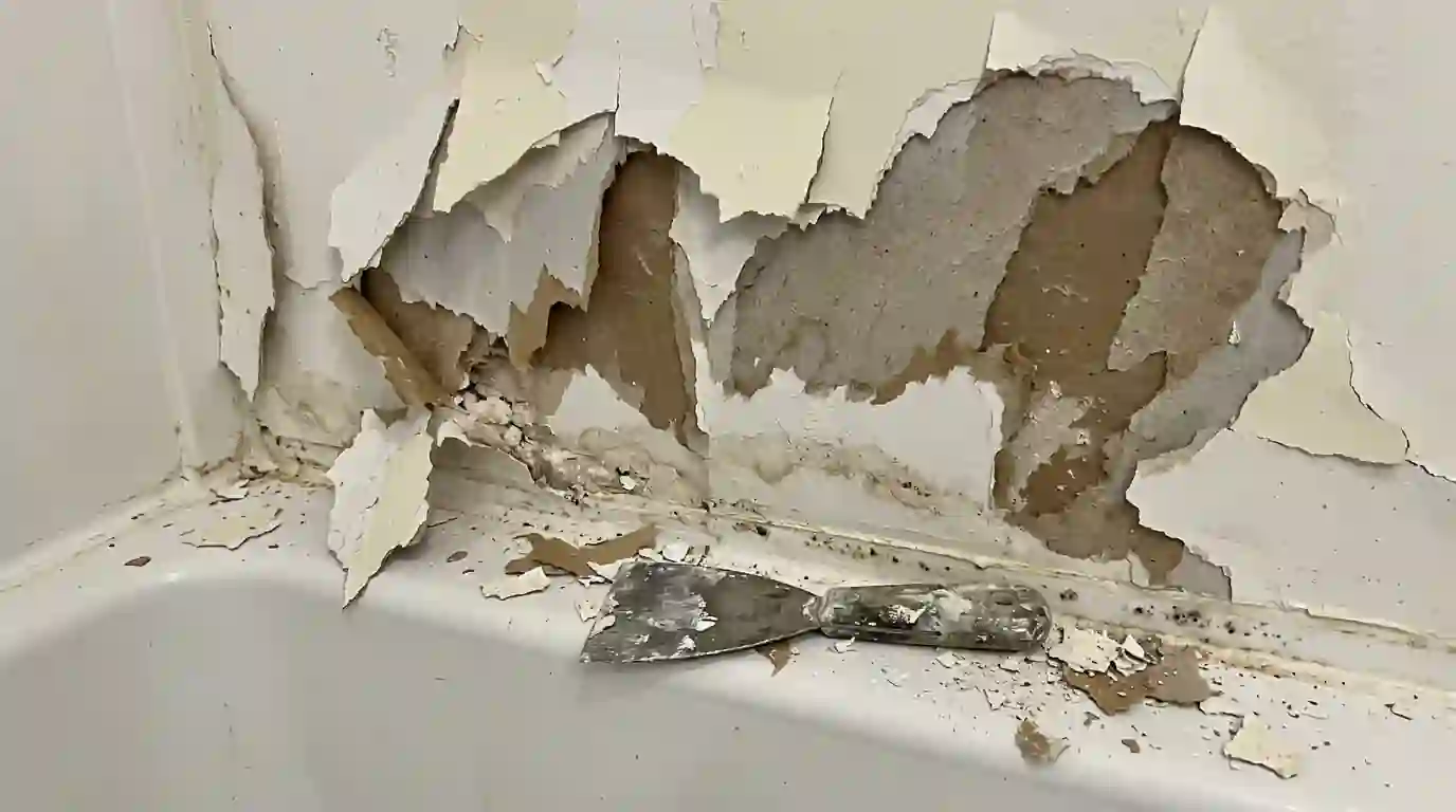 Paint peeling in sheets on a wall above a shower