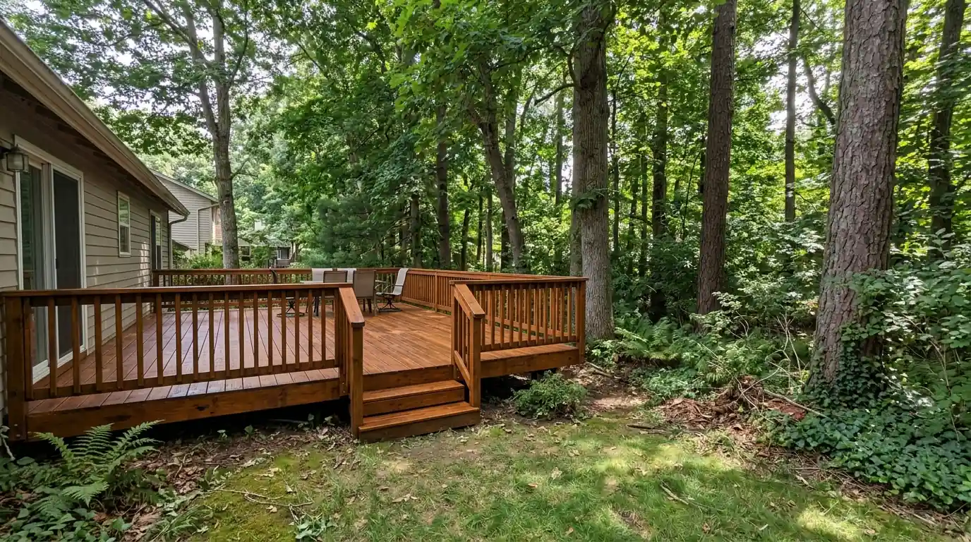 Freshly stained deck in a wooded suburban backyard