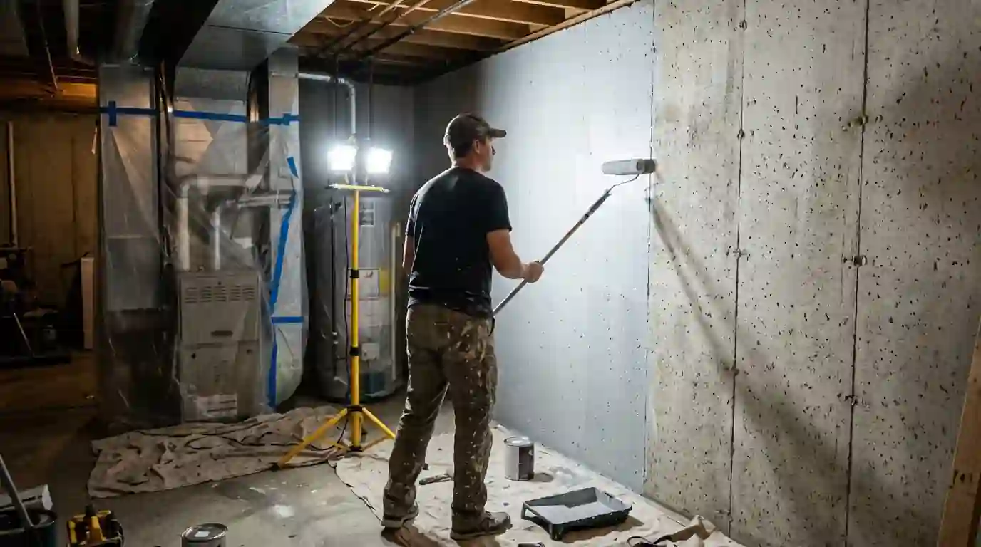Painter rolling masonry paint onto a concrete basement wall