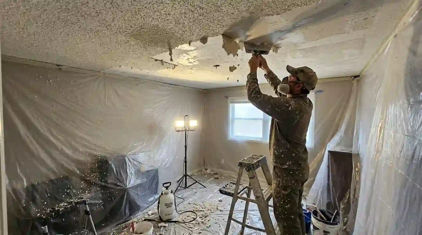 Damp popcorn texture being scraped from a sealed bedroom ceiling