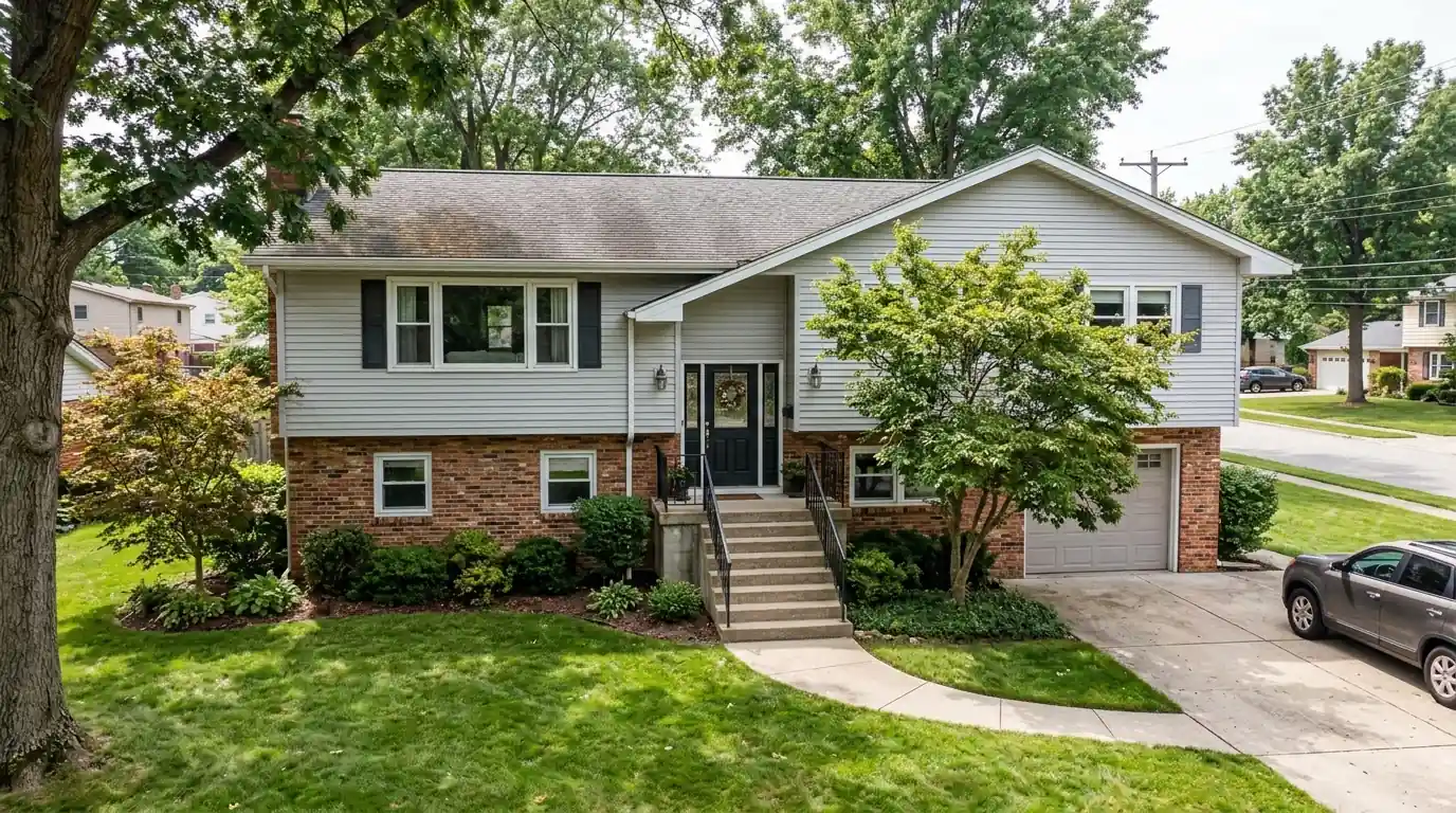 Bi-level house with a brick lower level and gray siding