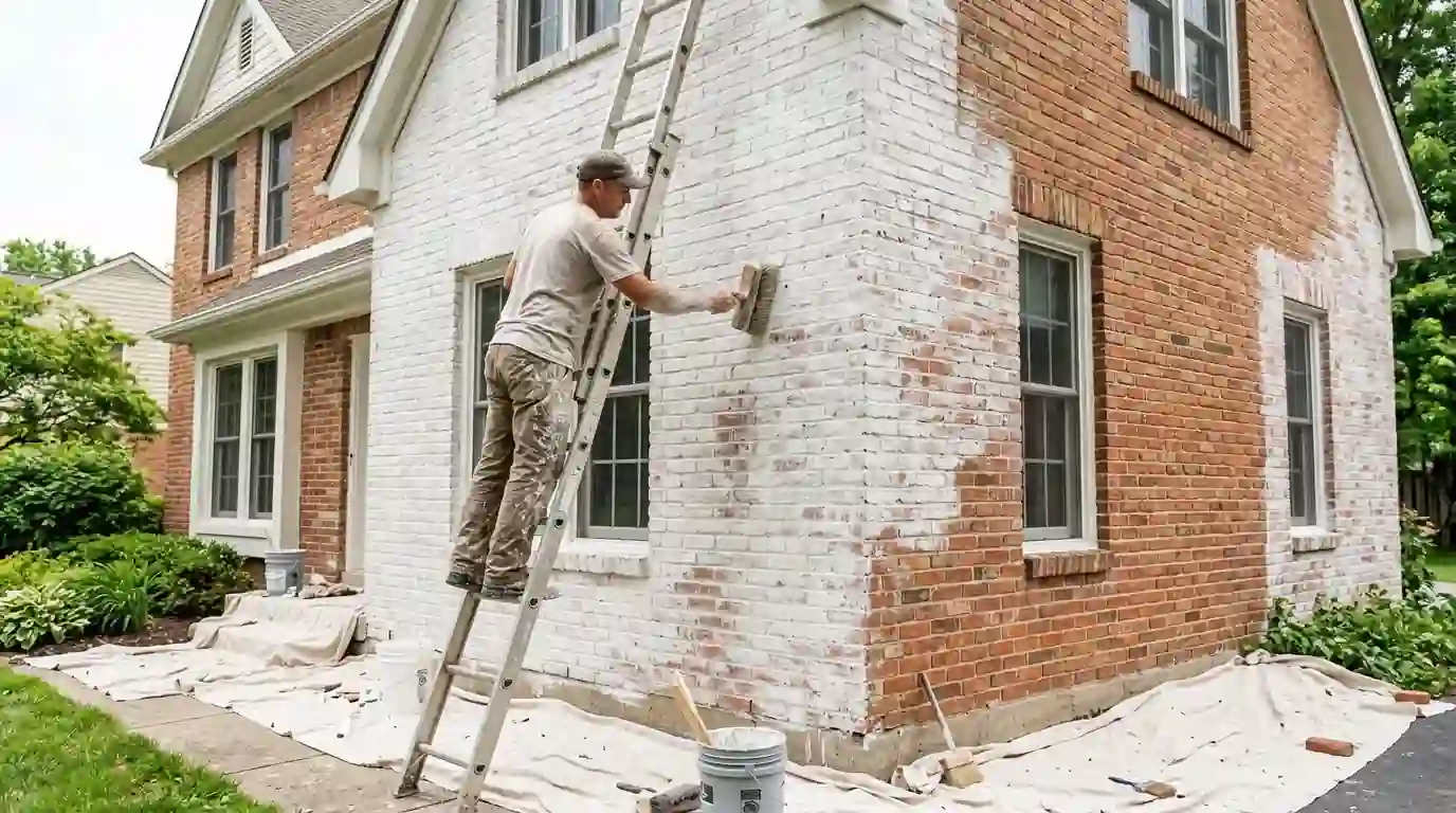 Painter brushing limewash onto red brick