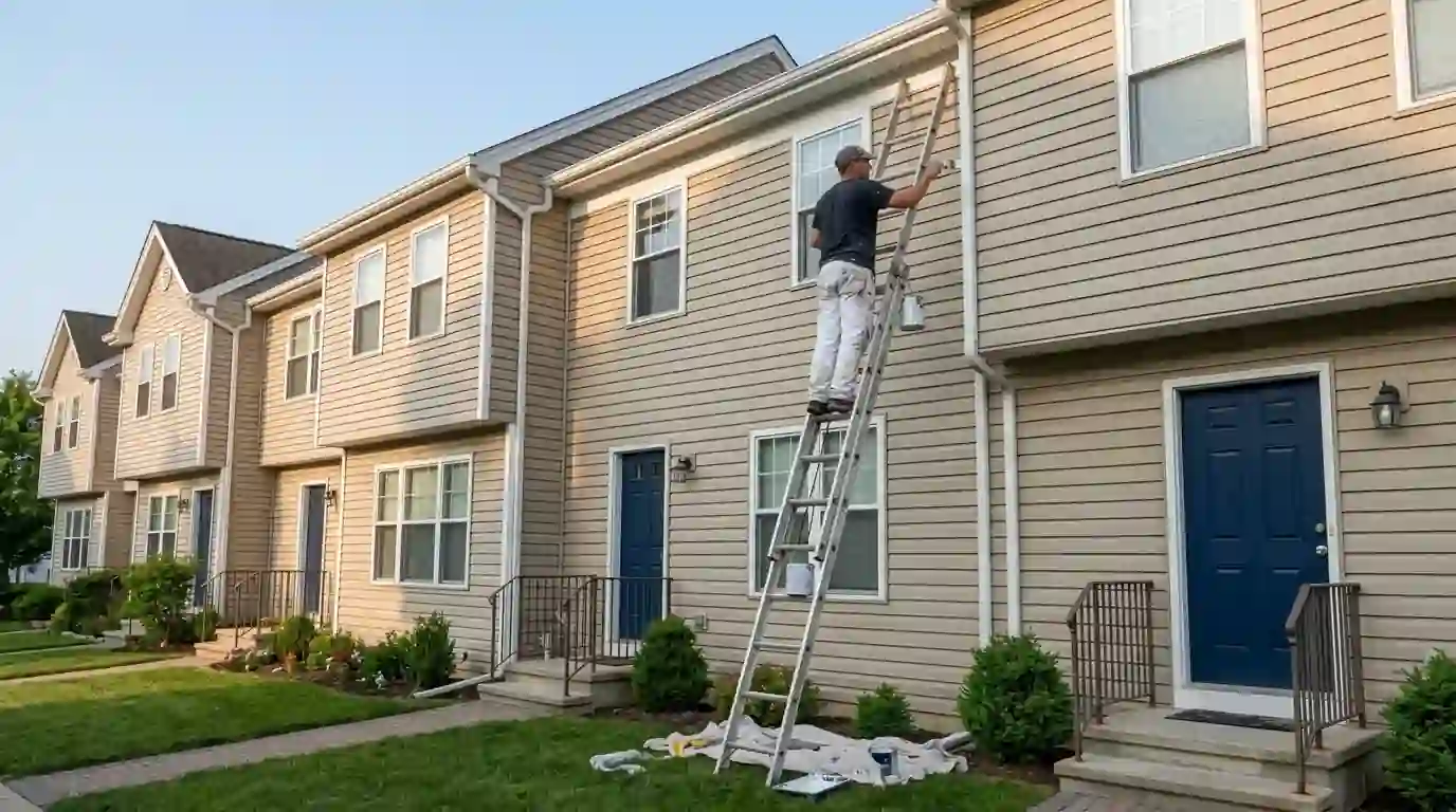 Painter brushing trim on a row of townhomes