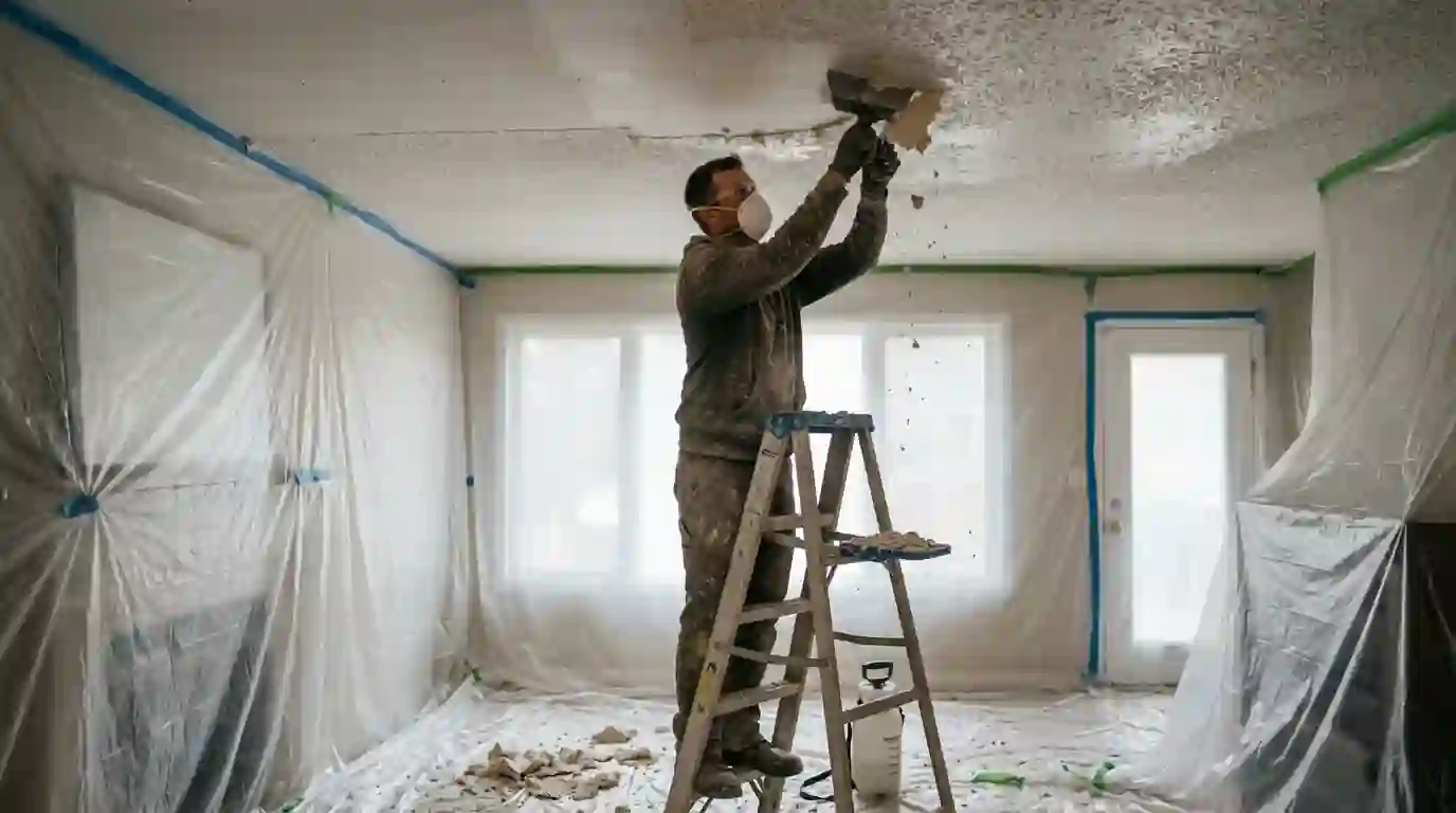 Scraping misted popcorn texture from a sealed living room ceiling