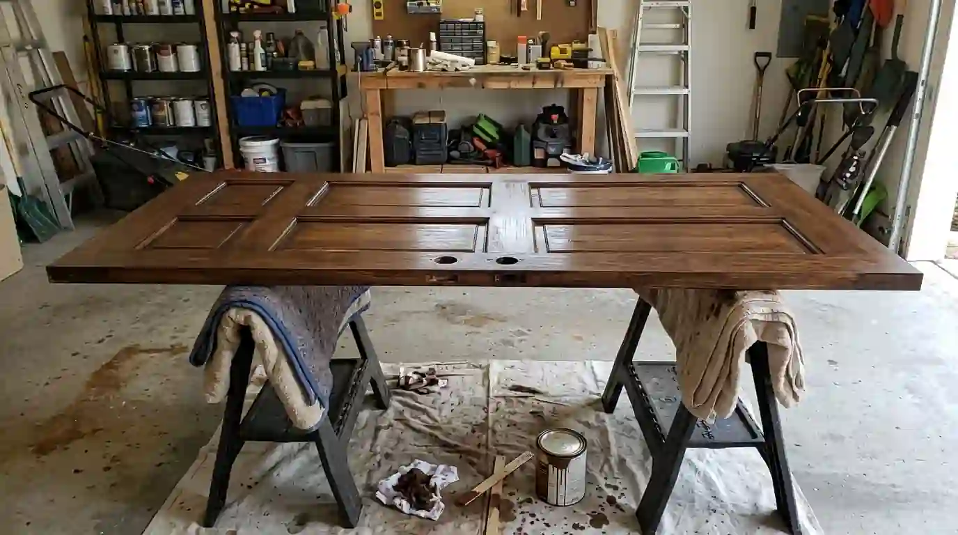 Wood entry door on sawhorses after stripping and staining