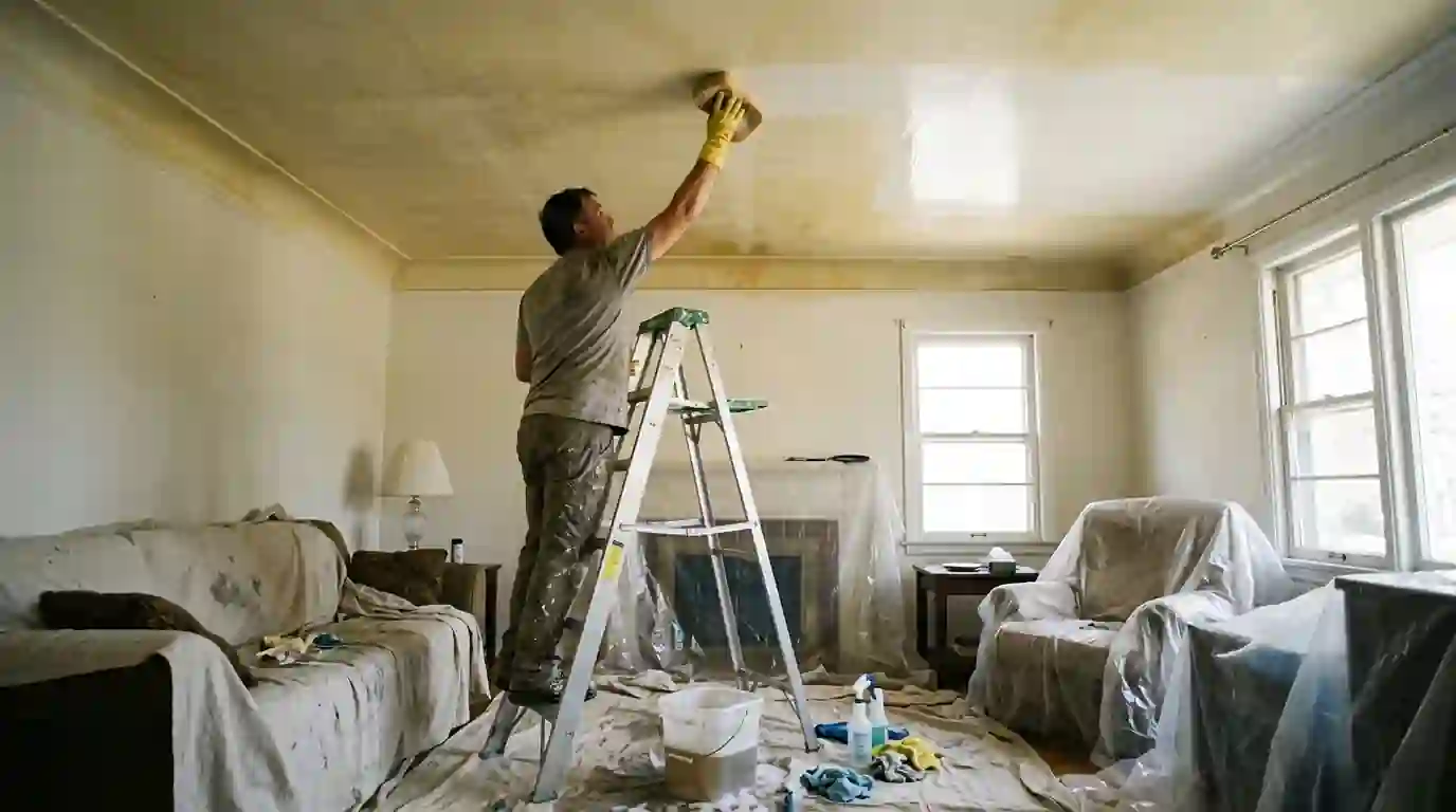 Cleaning nicotine film off a yellowed ceiling