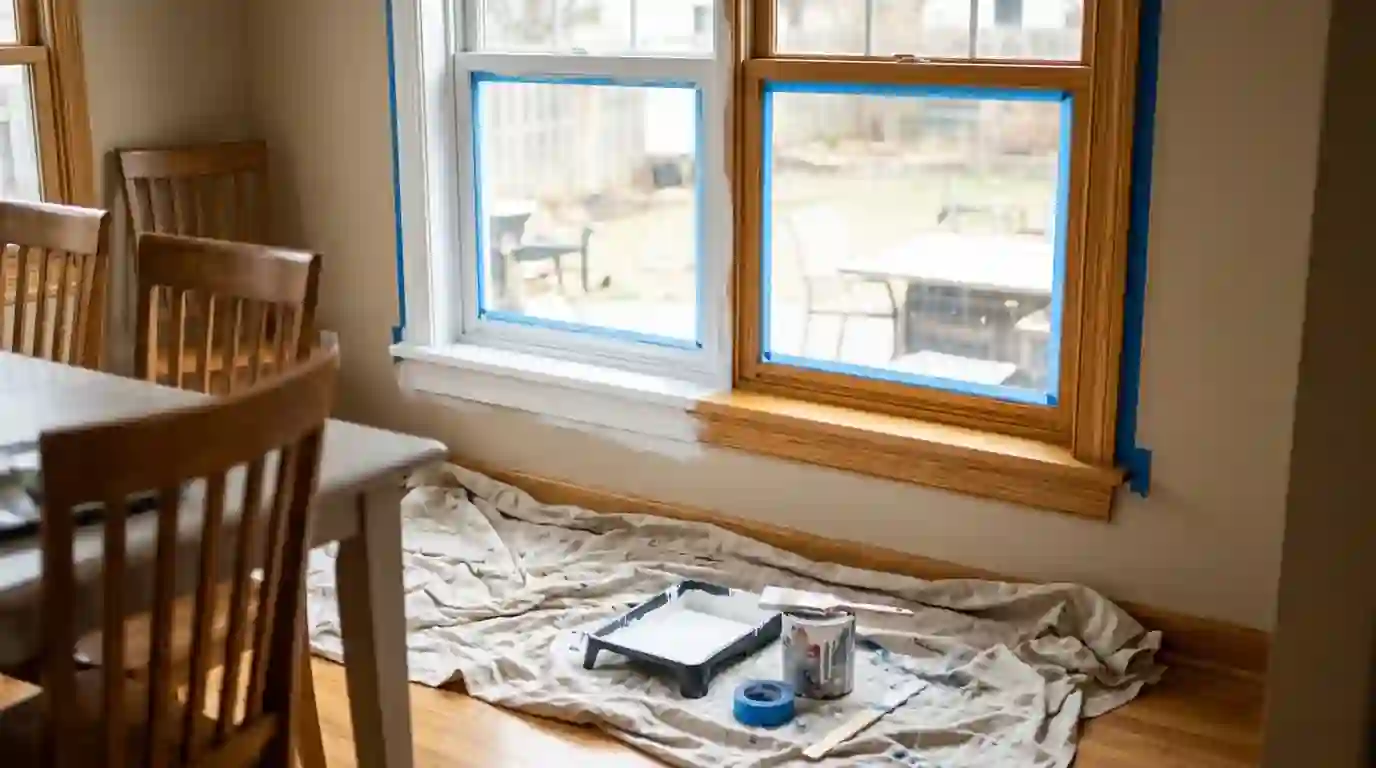 Honey oak window casing halfway through a white conversion