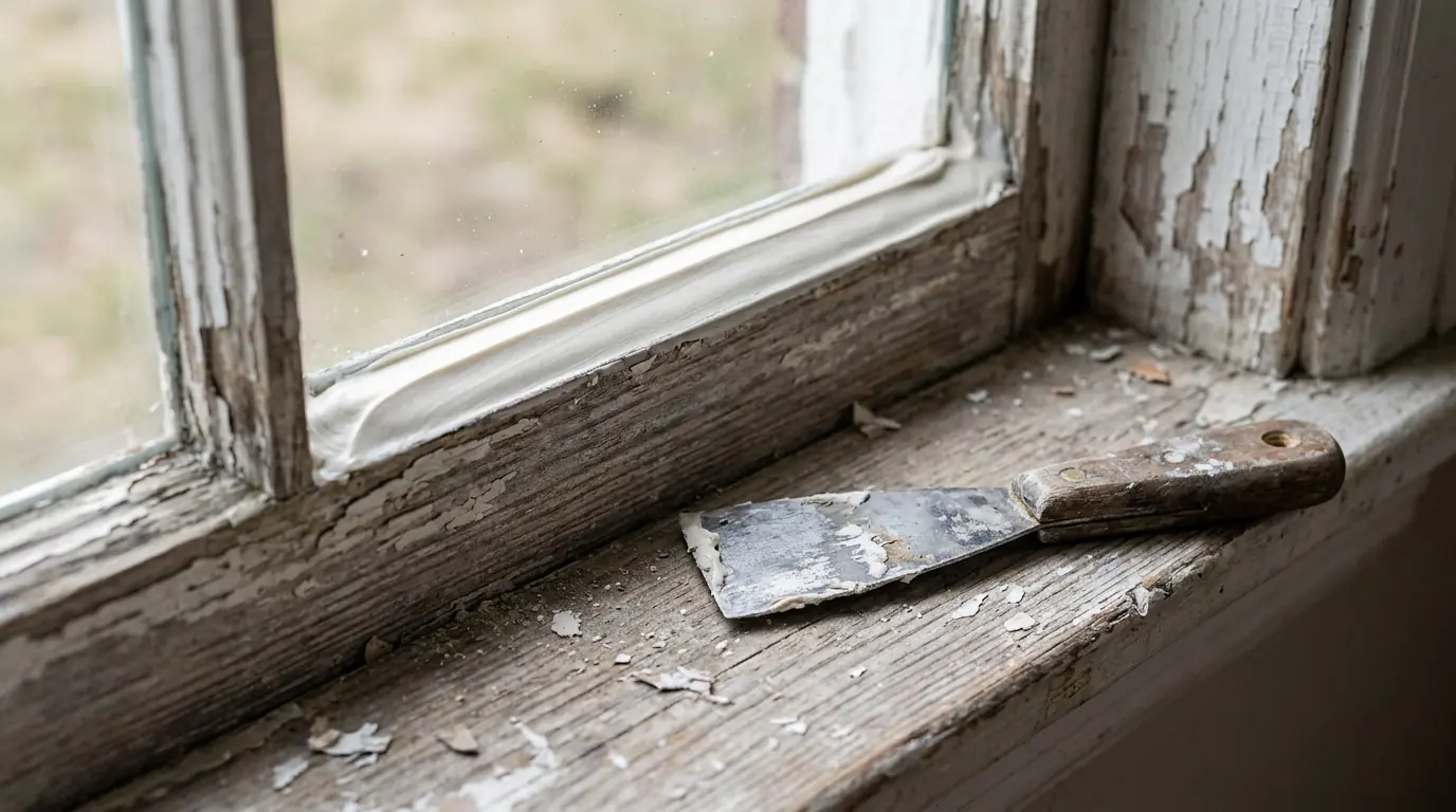 New glazing putty along an older wood window sash