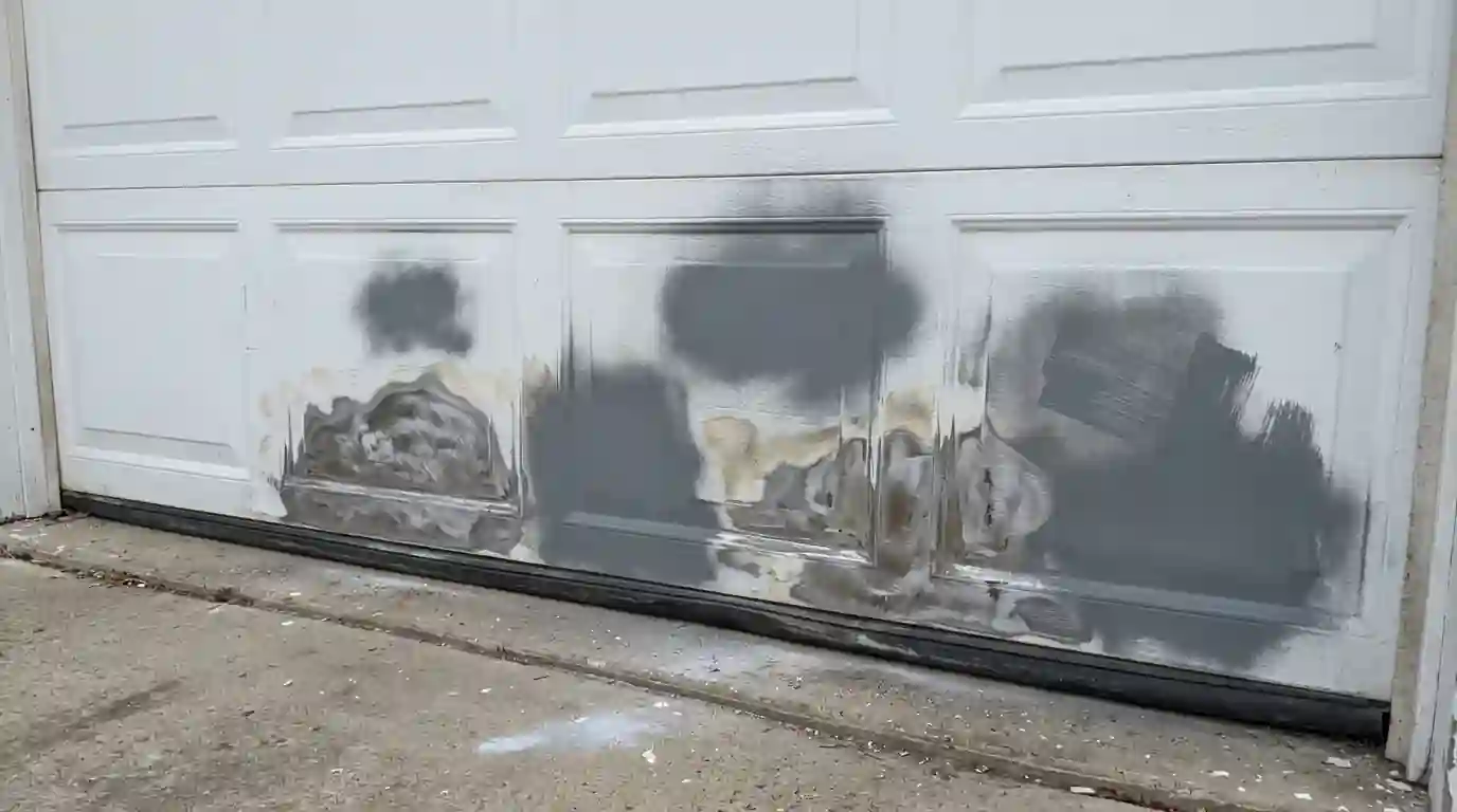 Rust spots on a garage door bottom panel sanded and primed