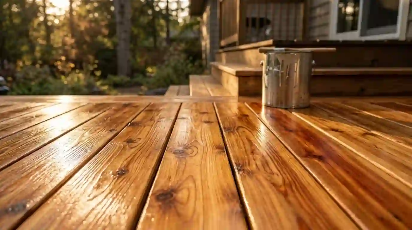 Cedar deck boards glowing after a fresh penetrating oil