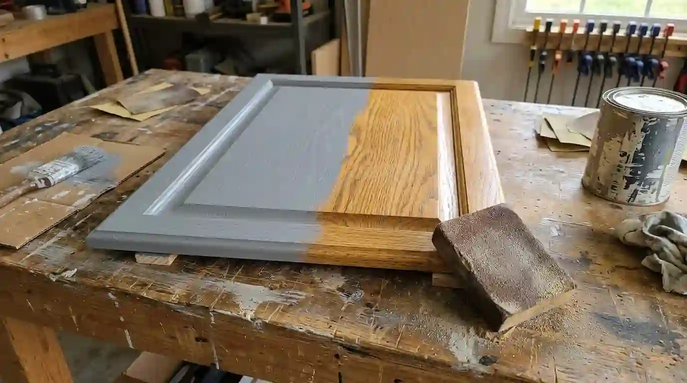 Oak cabinet door half primed beside its original finish