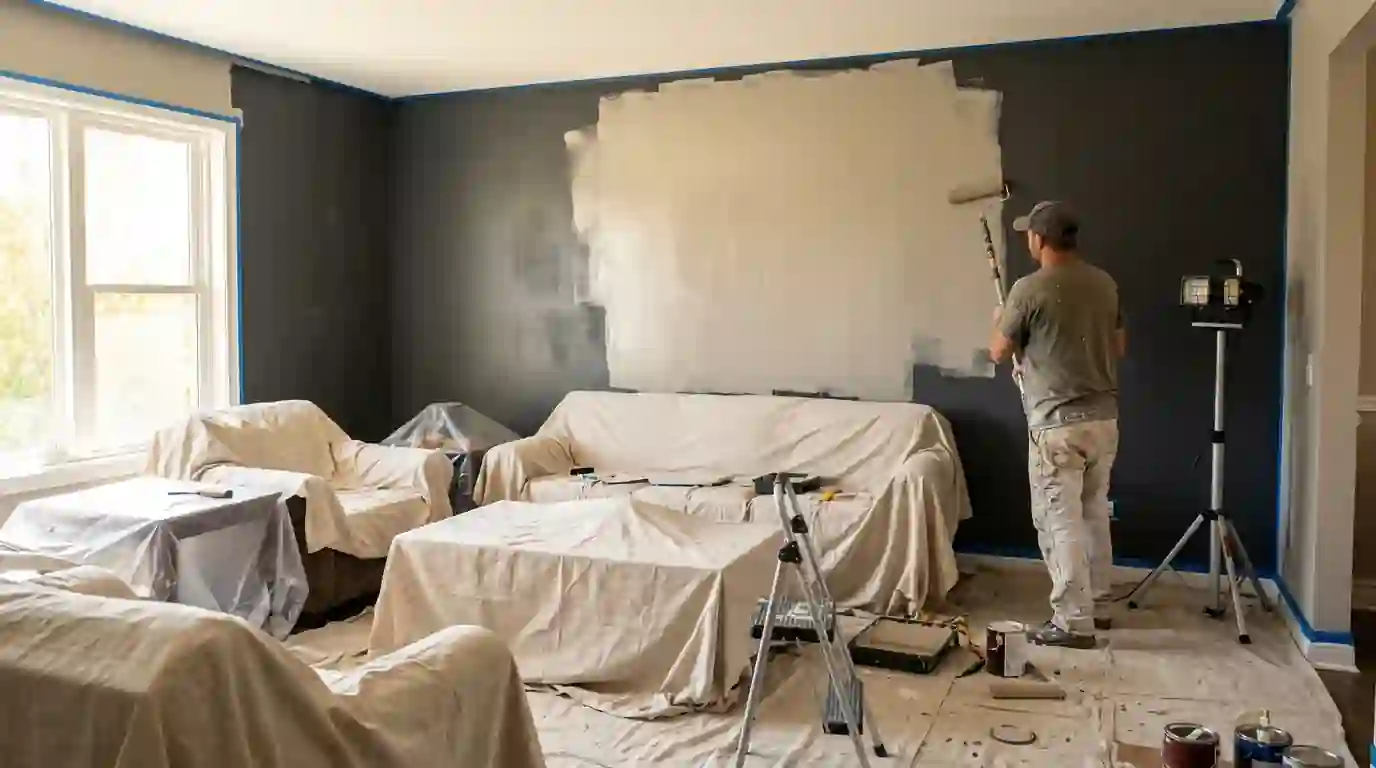 Painter covering a dark accent wall with a light neutral