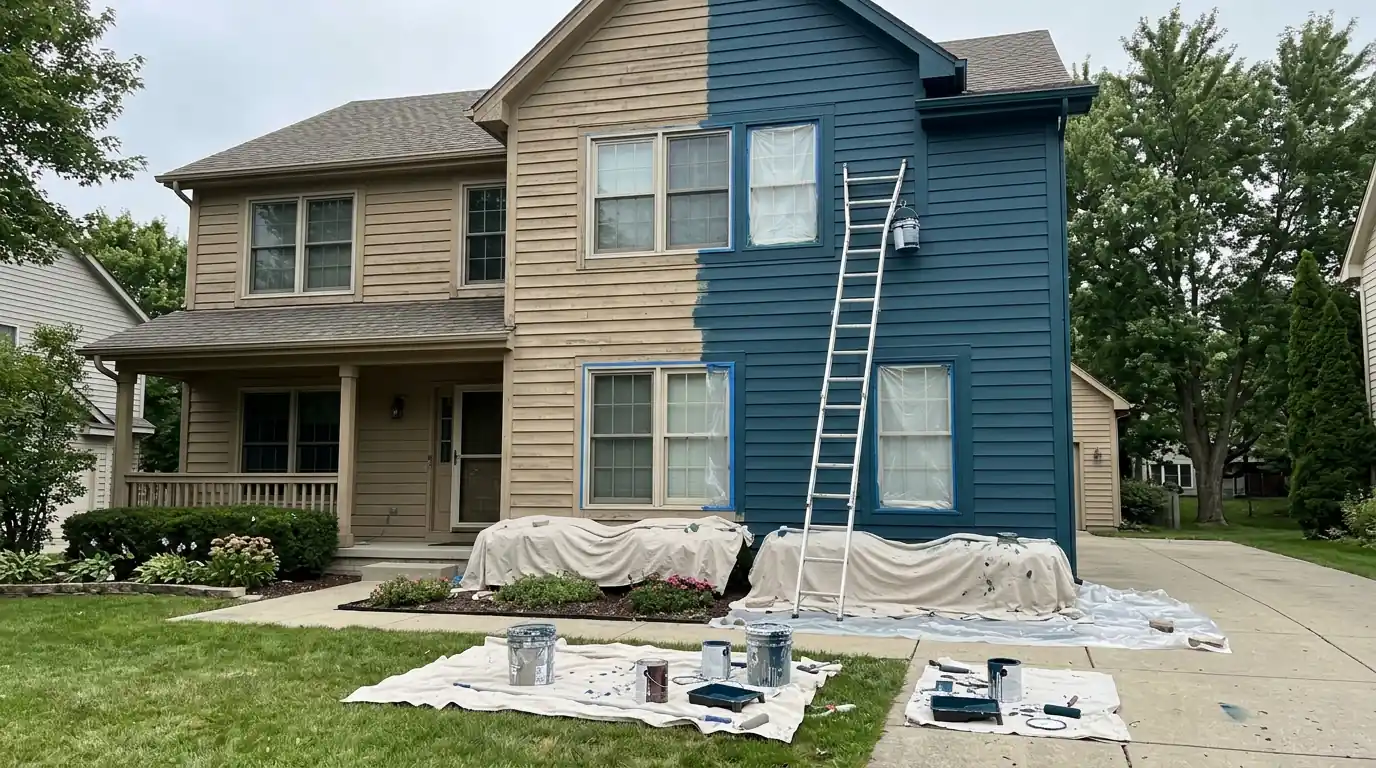 House halfway through a color change from tan to blue-green