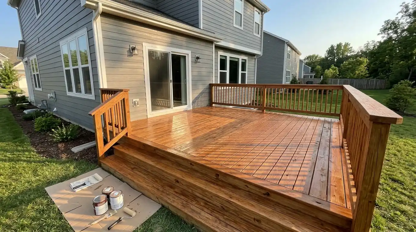 Newer home deck freshly stained in a cedar tone