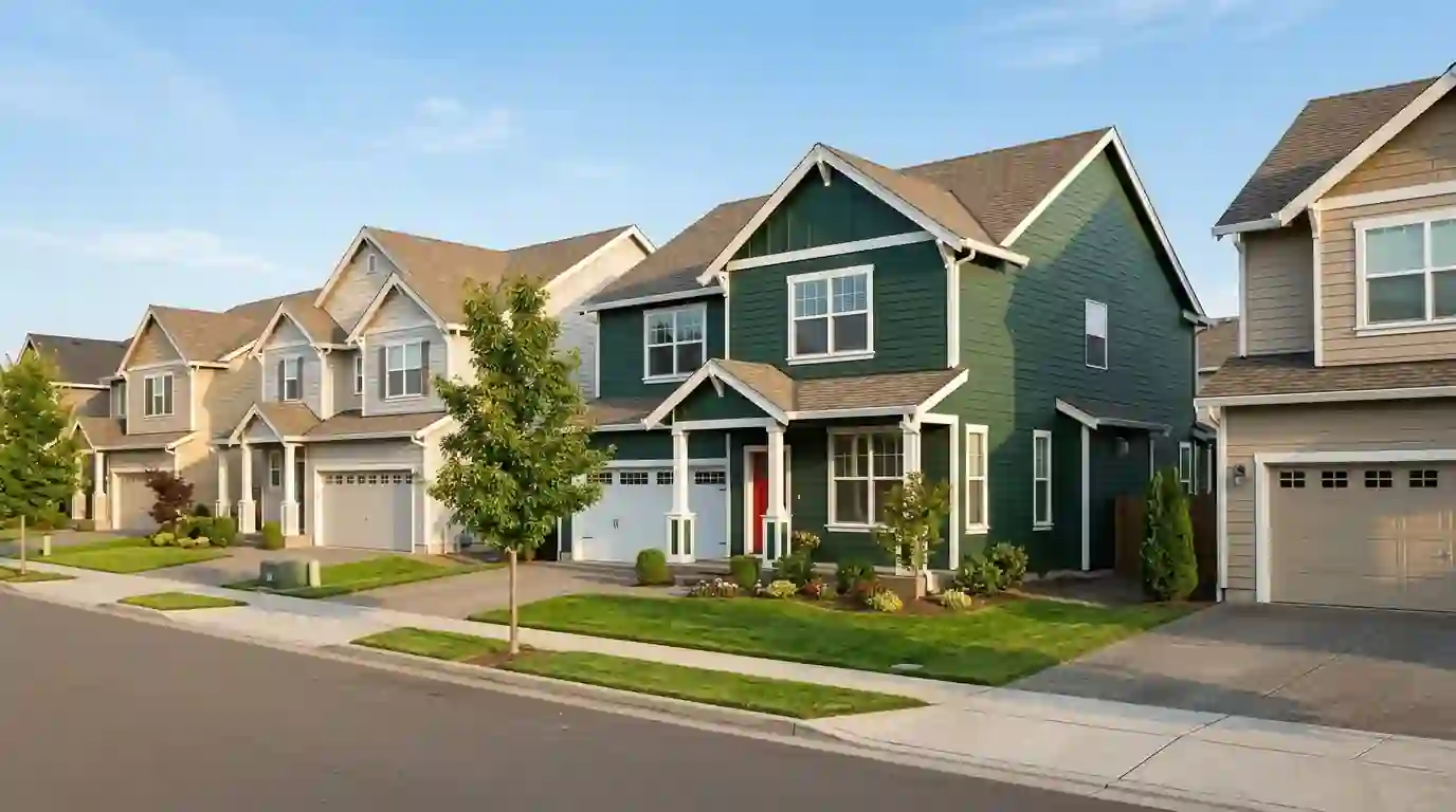One green house standing out among similar homes