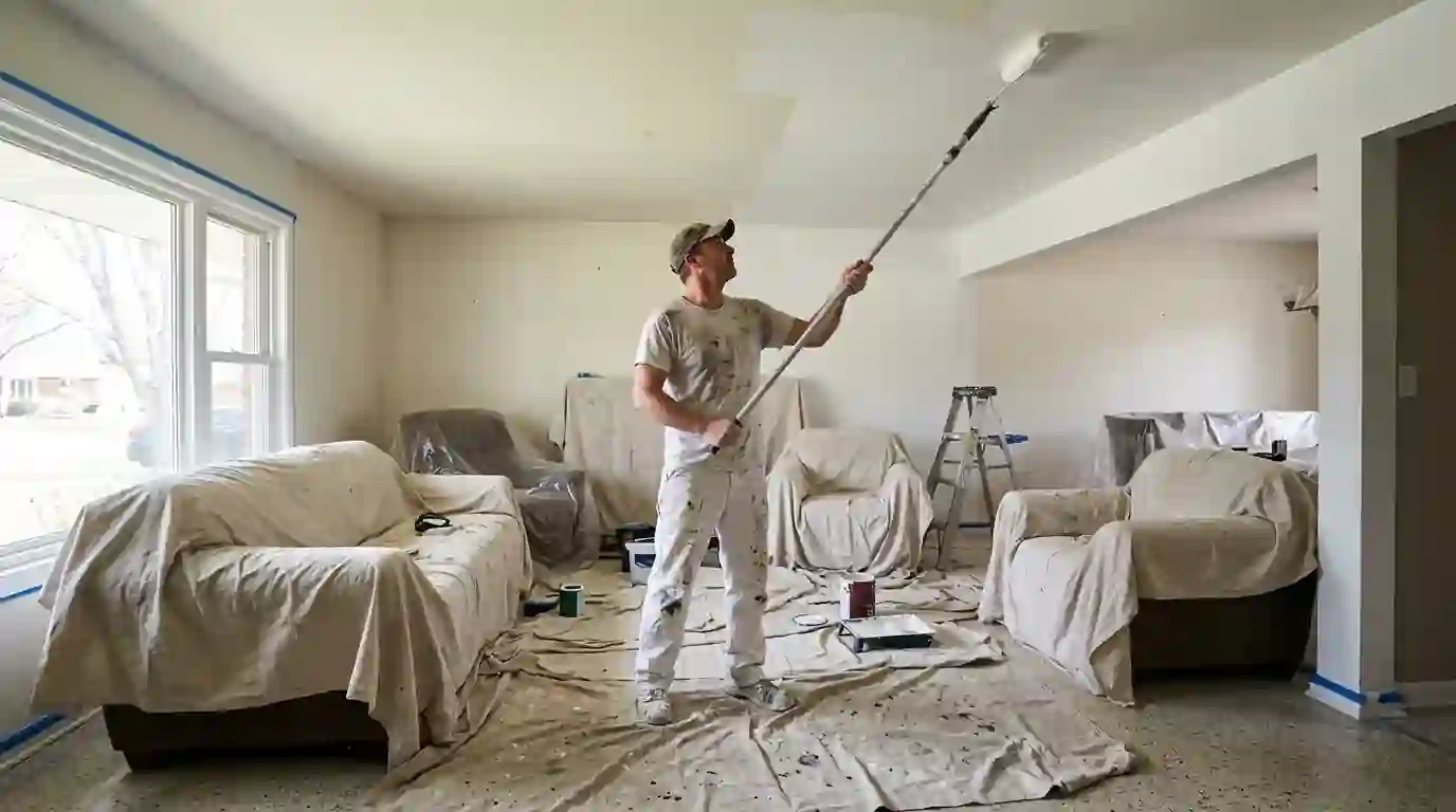 Painter rolling flat white paint across a living room ceiling