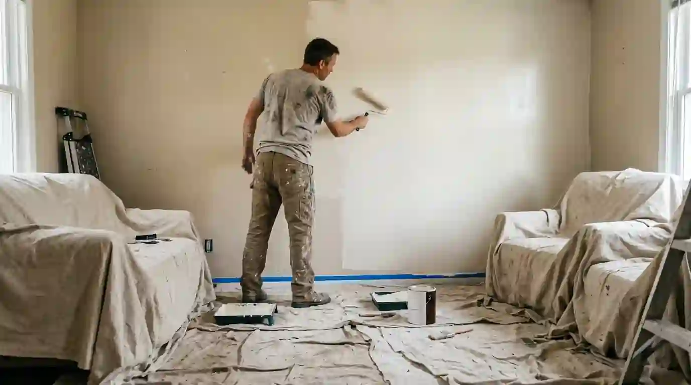 Painter rolling a fresh coat in a living room