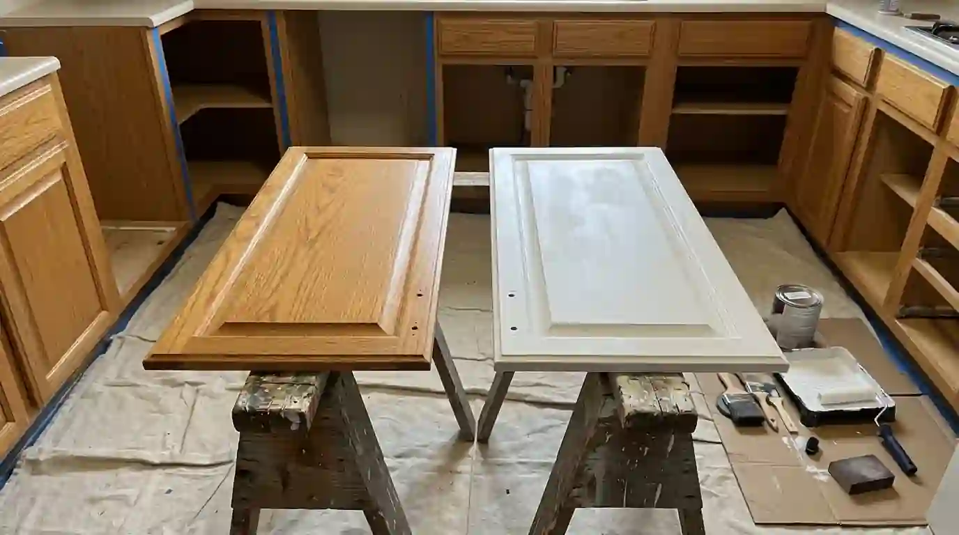 Two oak cabinet doors on sawhorses, one primed and one bare