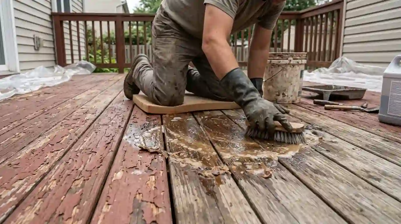 Painter scrubbing stripper into peeling deck stain
