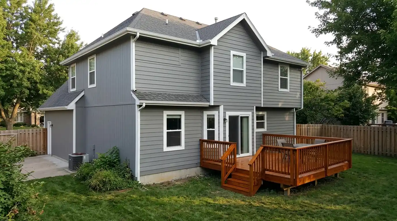 1990s suburban house with fresh siding paint and a stained deck