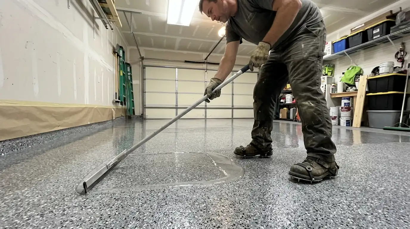 Clear topcoat being spread across a garage floor